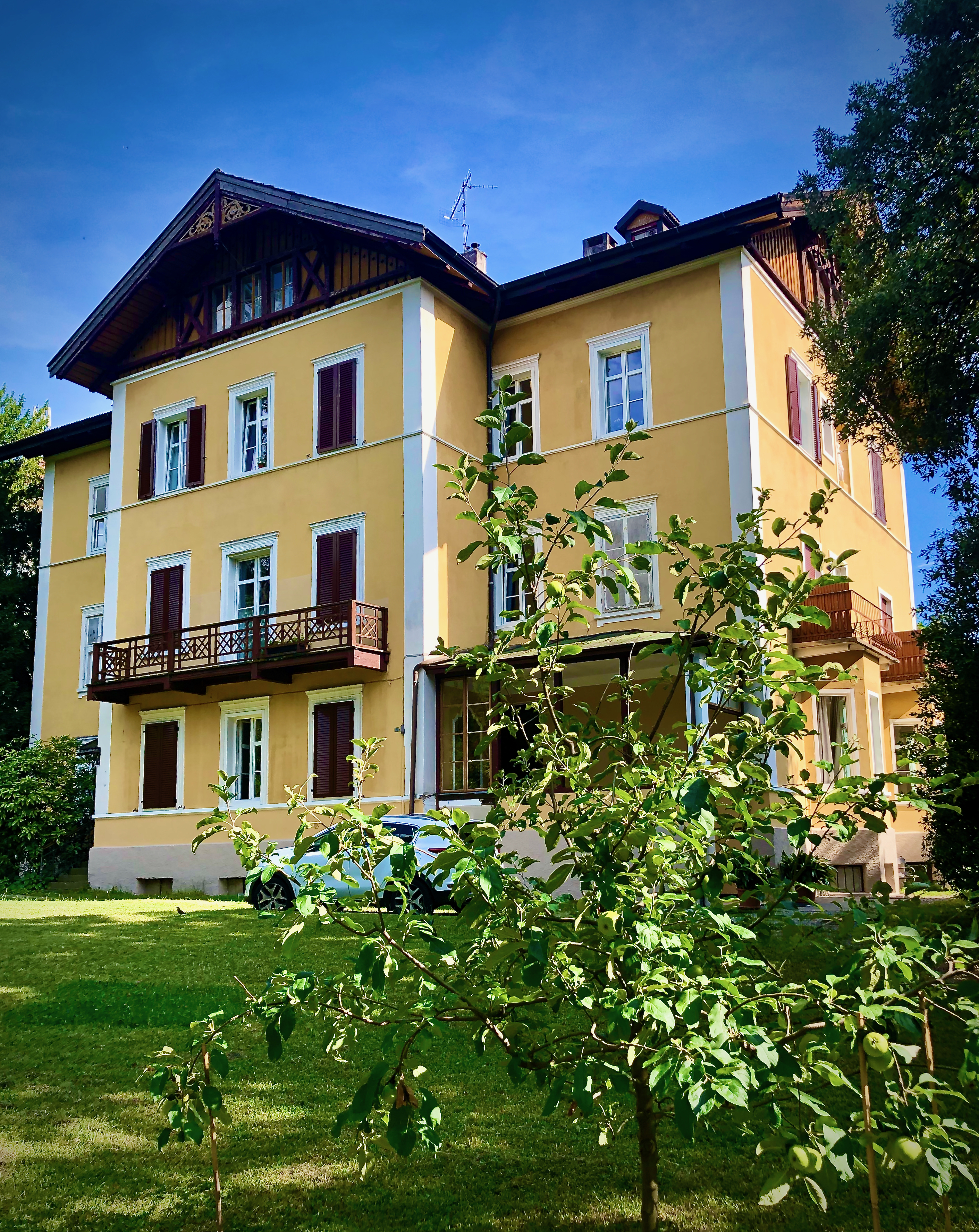 A picturesque yellow villa with brown shutters and a balcony, surrounded by lush greenery and a small apple tree in the foreground.
